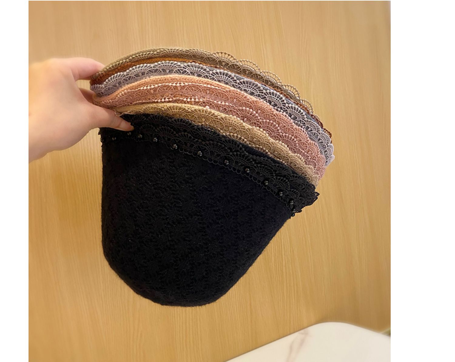 聚范天显脸小水桶帽女户外保暖针织蕾丝边珍珠渔夫帽盆帽日系韩版帽子