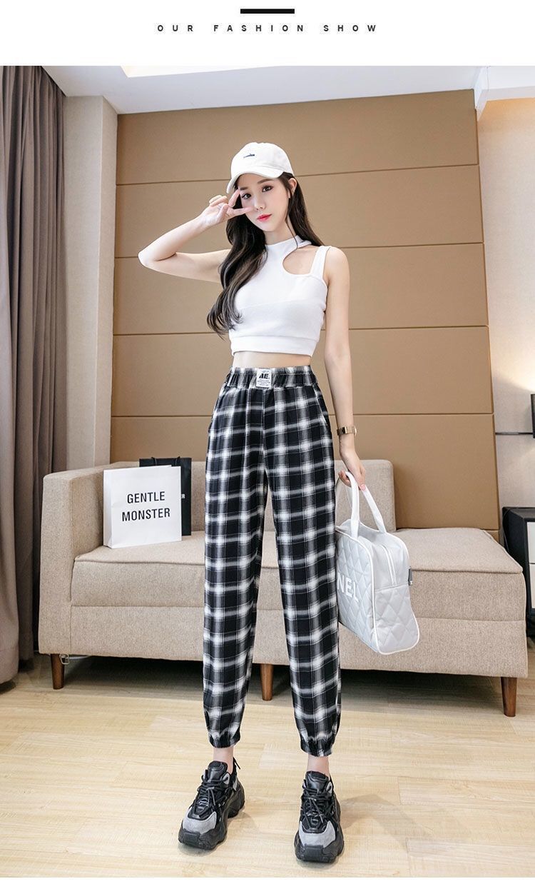裤 黑白格子裤女宽松束脚灯笼裤2021新款显瘦百搭休闲哈伦裤【价格