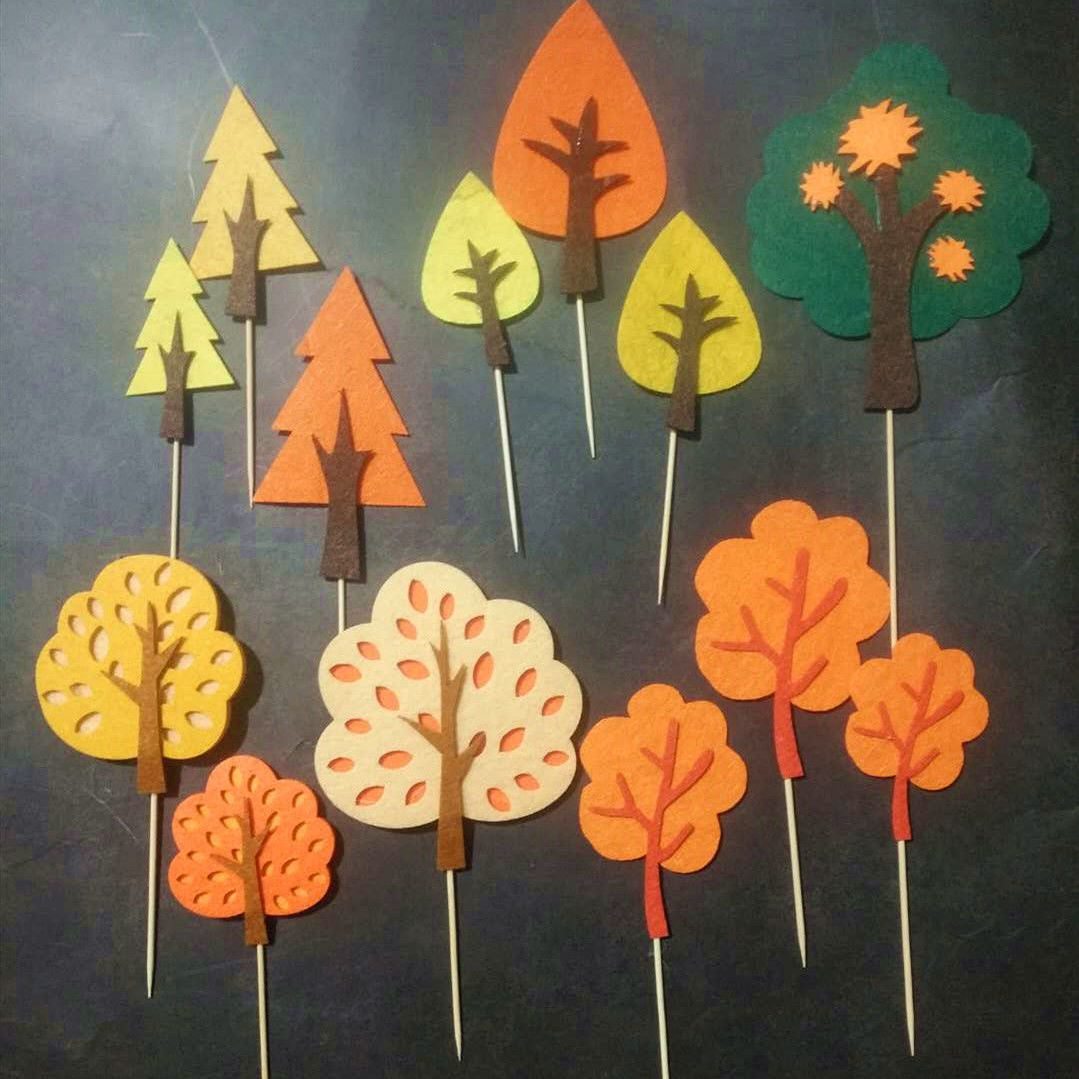 无纺布森林小树叶子蛋糕插牌椰子树生日蛋糕装饰插件毛毡植物摆件蓝色