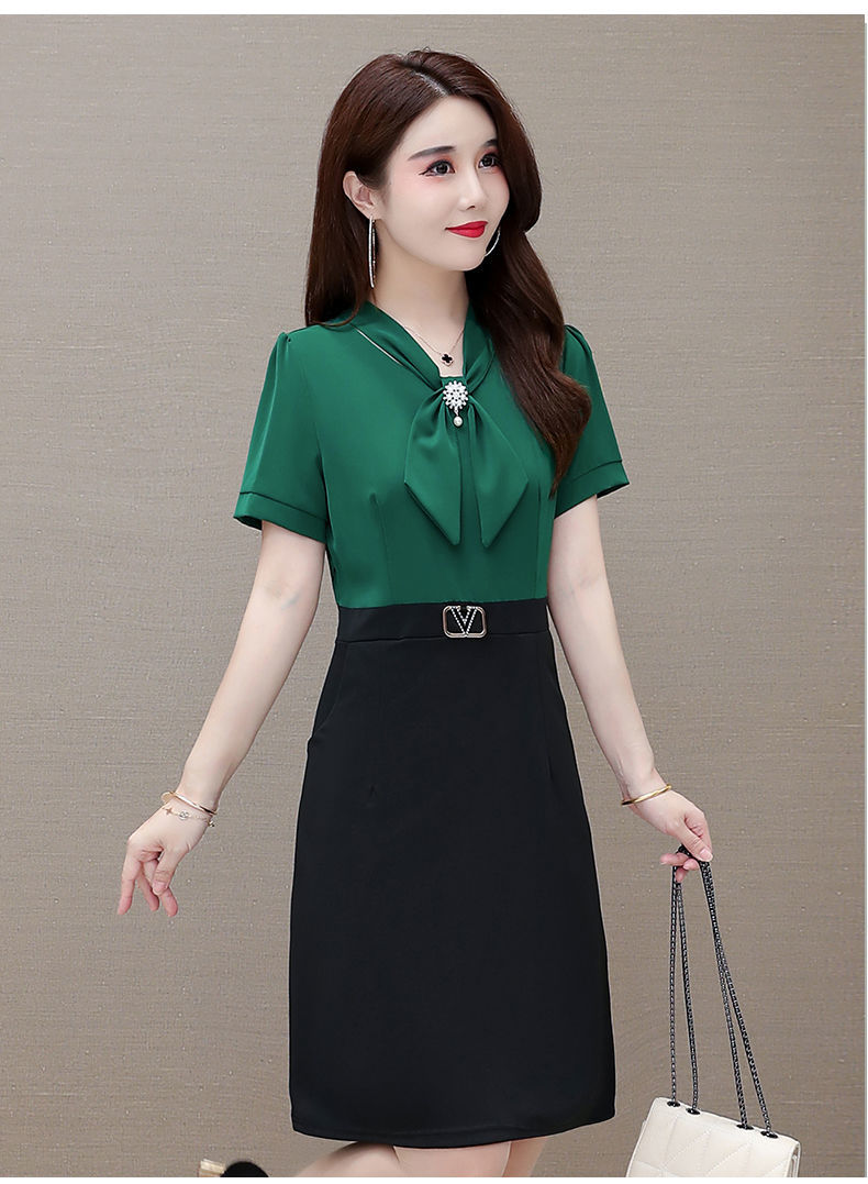 中年女士夏装新款包臀连衣裙妈妈装短袖修身显瘦中长款假两件裙子粉色