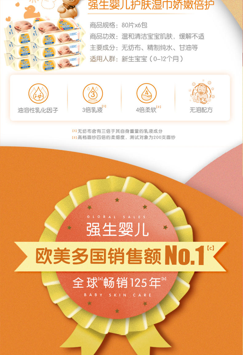 强生婴儿(johnsons baby)孕婴湿巾 强生护肤湿巾(娇嫩倍护)80片×6包