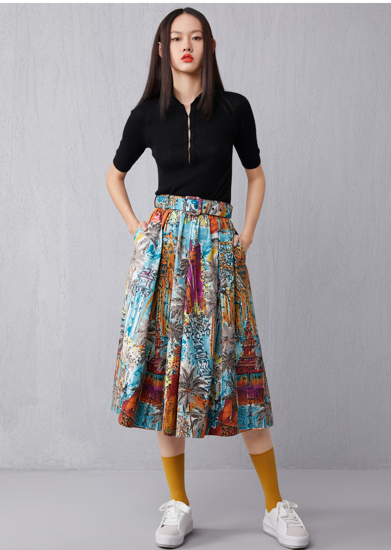 erdos丝棉包边腰带收腰百褶伞裙印花休闲半身裙