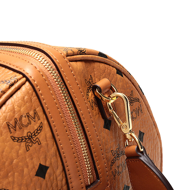 mcm女士干邑色黑色logo图案涂层帆布圆筒型手提单肩斜挎包手拿包mmras