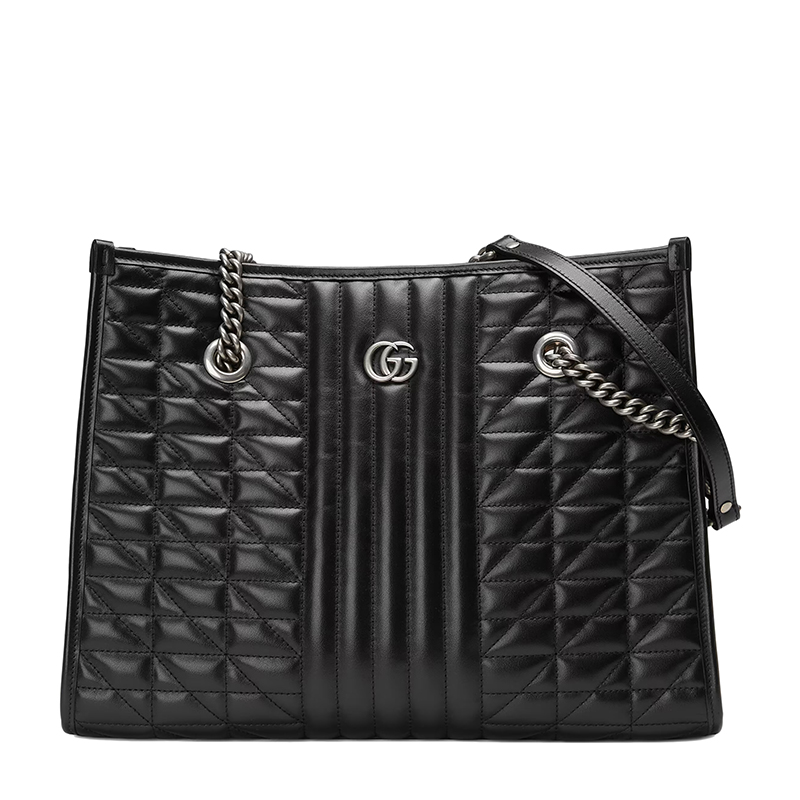 gucci/古驰 ggmarmont系列女士中号黑色绗缝皮革复古银色饰面双g手提