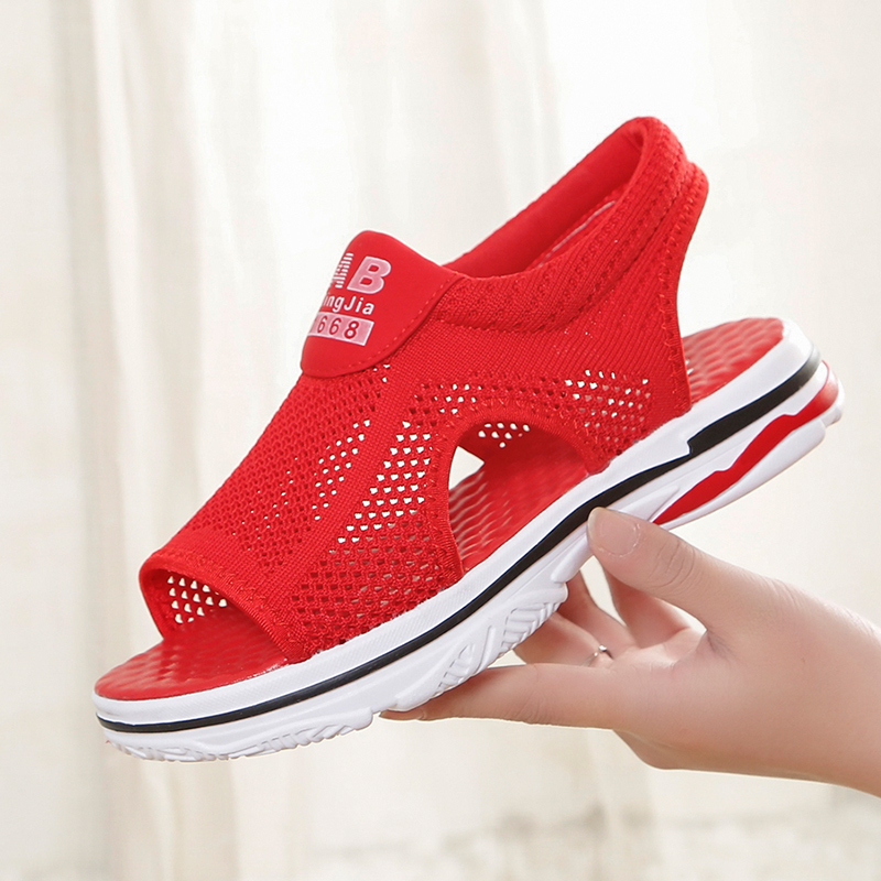 运动凉鞋女2020夏新款网布软底休闲透气跑步女鞋平底学生鱼嘴鞋女知义