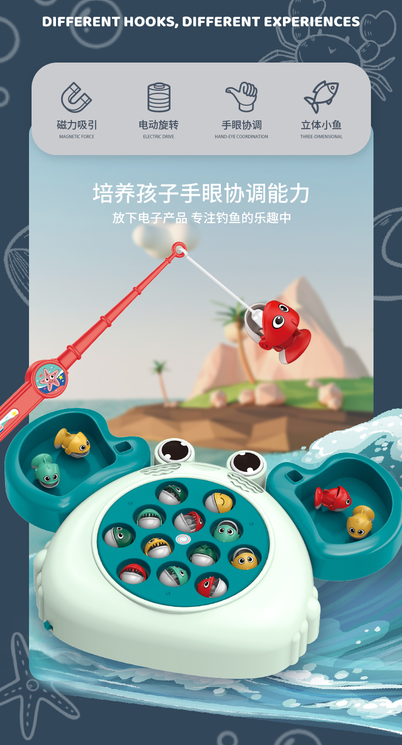 儿童节电动钓鱼玩具宝宝益智2-3岁1男孩女孩小猫磁性鱼六一礼物真智力