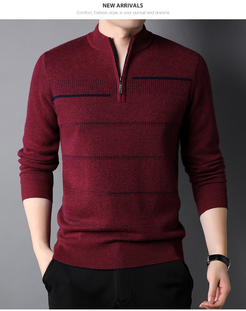 恒源祥男士羊毛衫加厚100纯羊毛商务休闲毛衣半高领带拉链套头针织衫