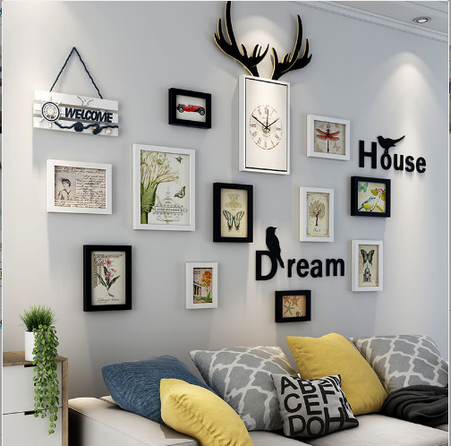 带鹿头钟表照片墙相框挂墙壁装饰画客厅卧室创意组合背景相片墙贴