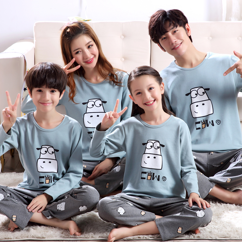 橙象亲子睡衣长袖一家三口纯棉春秋季儿童家居服卡通母女四口家庭套装