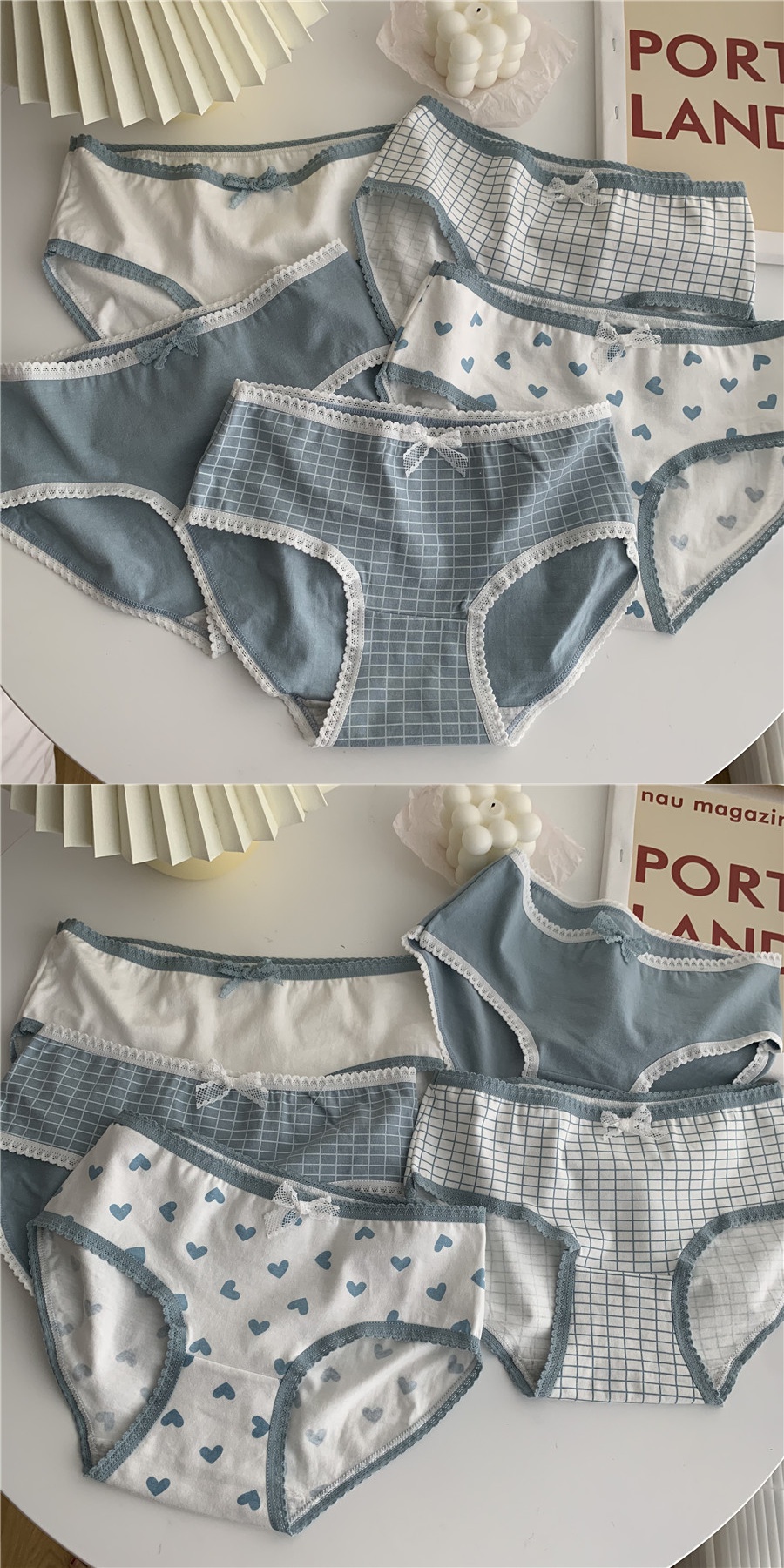苏芈~韩版蓝白系爱心蝴蝶结少女中腰学生三角内裤