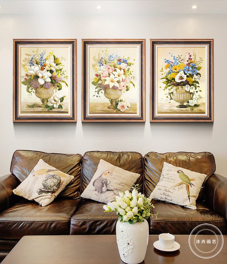 客厅装饰画欧式沙背景墙三联画美式田园壁画餐厅墙面挂画油画