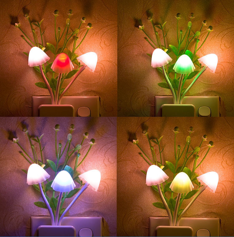 小夜灯七彩床头灯插电婴儿喂奶灯家居装饰灯光控感应七彩蘑菇灯一个装