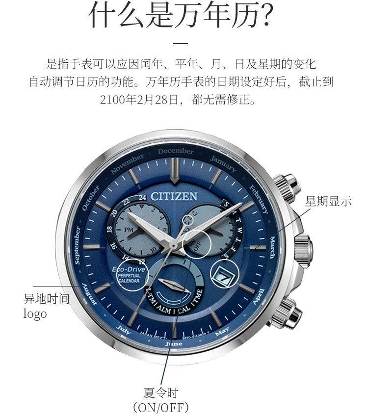 国行西铁城citizen光动能蓝色表盘三眼万年历时尚商务男表bl815086l