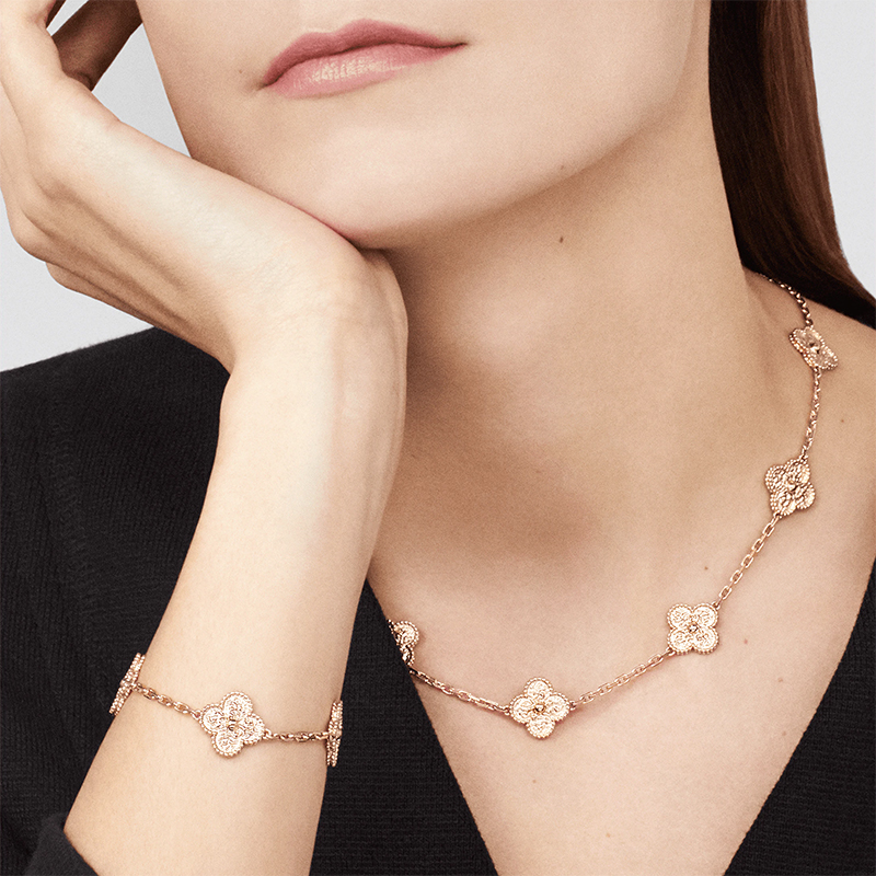 arpels/梵克雅宝 vintage alhambra经典款 18k金玫瑰金四叶草10花项链