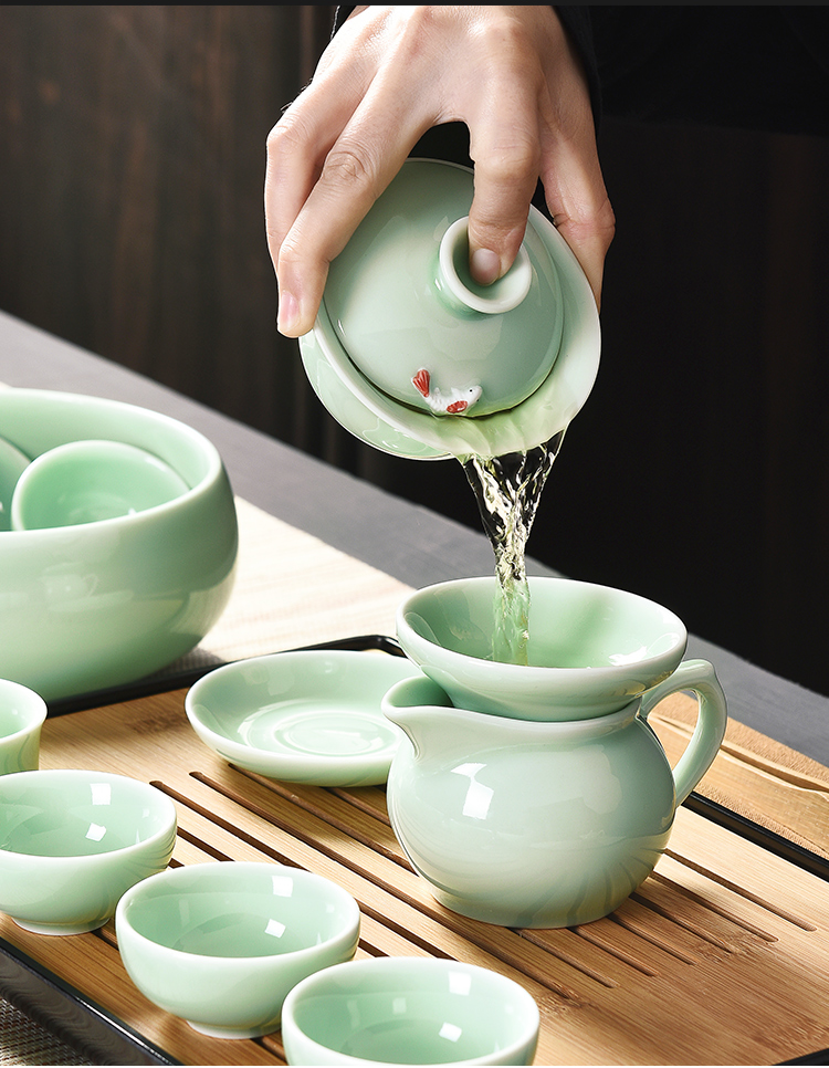 工夫茶杯具套装整套茶具青瓷功夫茶具套装简约鲤鱼陶瓷盖碗茶壶茶杯茶