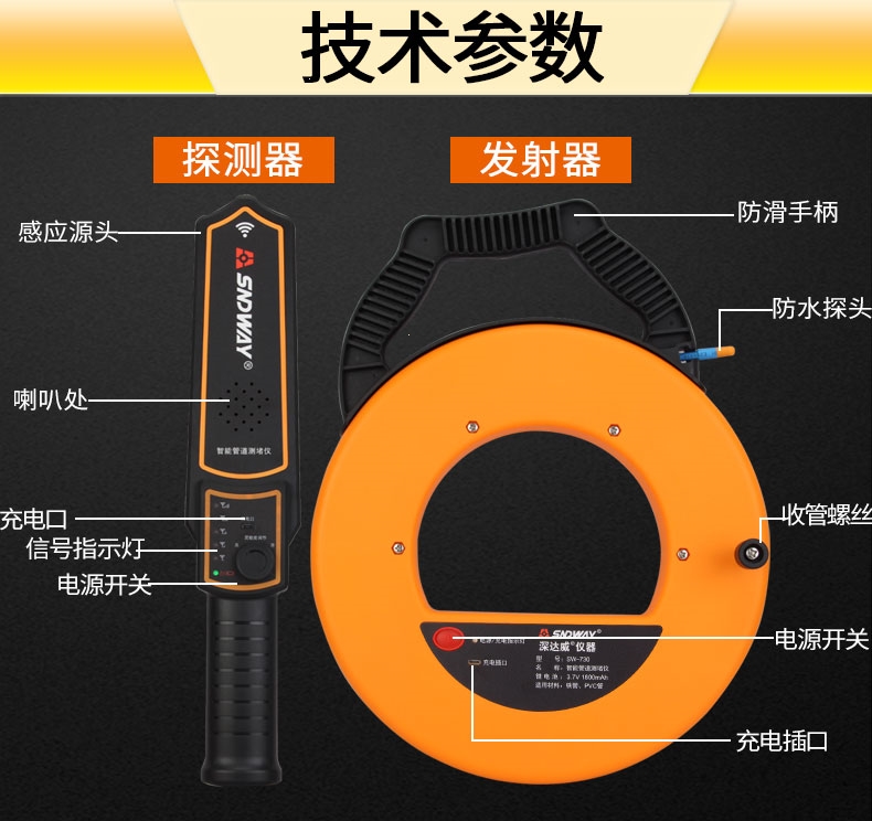 深達威測堵器電工管道探測器牆體探測儀電線管排堵器pvc管探管器充電