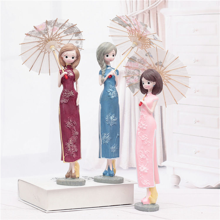 创意人偶可爱旗袍女孩打伞摆件中国风卡通人物公仔精品生日礼物学小号