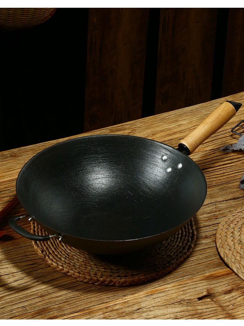 老式生铁锅圆底炒锅不粘锅无涂层传统平底电磁炉煤气灶炒菜大锅具