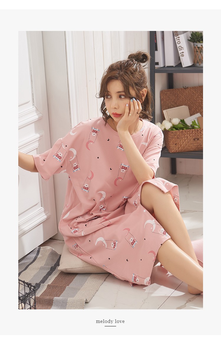 韩版薄款可外穿连体睡衣夏季女士短袖宽松甜美可爱中长款睡裙费琳