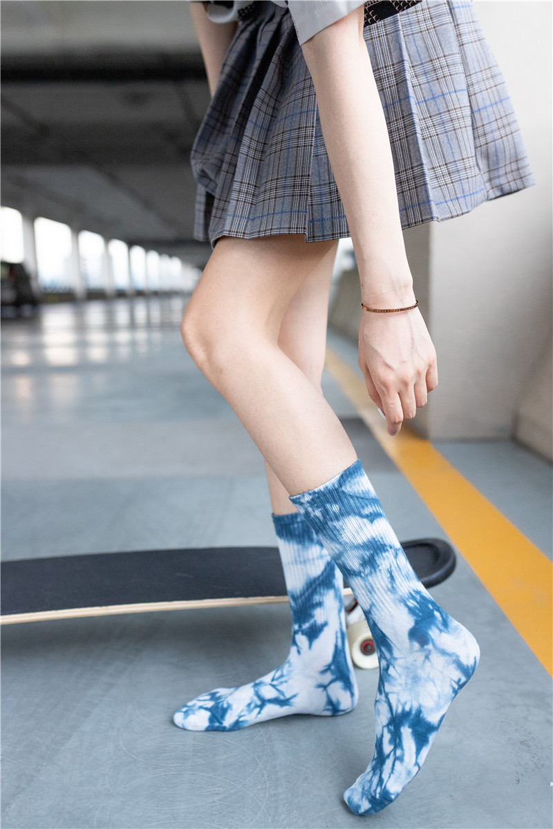 高端aj扎染中长筒袜街头潮流高帮潮袜男女纯棉袜子篮球滑板彩色袜