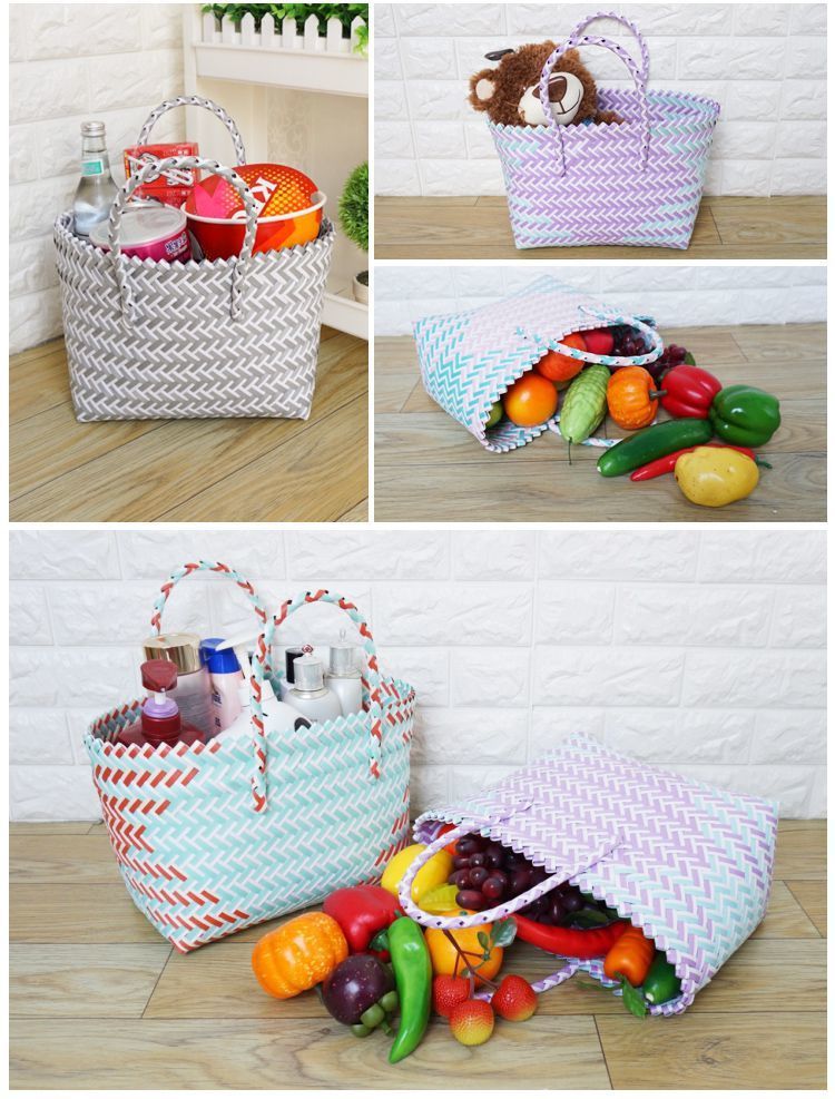 菜蓝子手提篮塑料编编织材料便携提菜篮子编筐手工手编蔬菜镂 蓝条纹