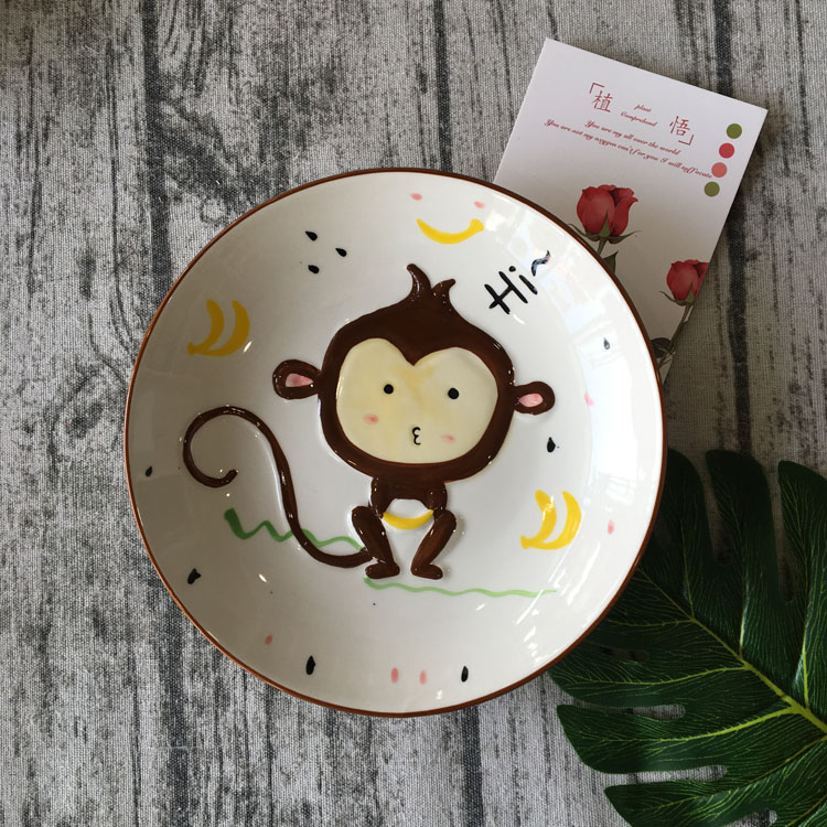 khzn 宝宝卡通陶瓷分餐盘小分隔盘釉下彩8寸圆盘儿童餐具