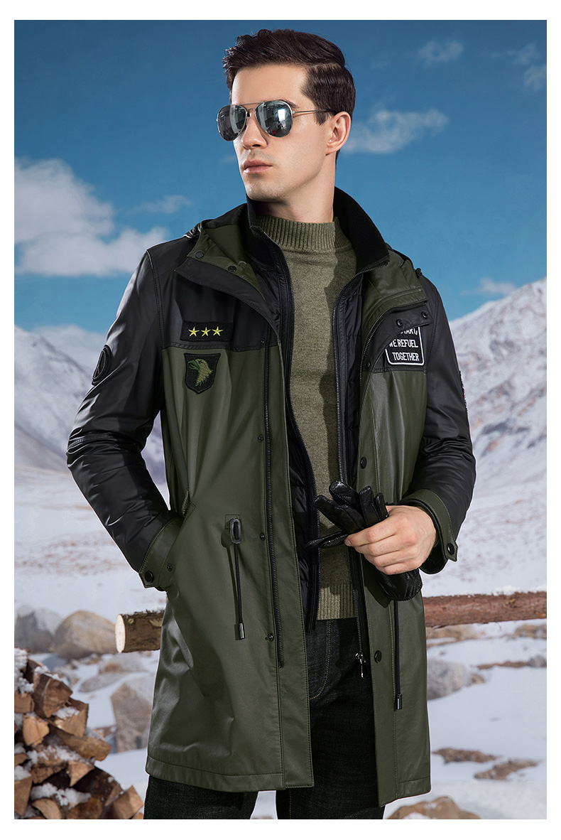 雪豹2019冬季新品天然头层牛皮羽绒内胆休闲商务长款外套男