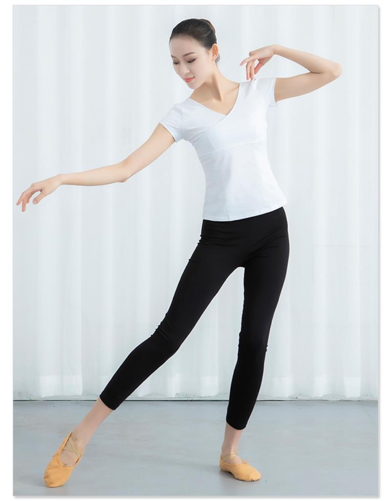 交叉领女短袖上衣纯色纯棉成人修身舞蹈练功服装艺考服训练服