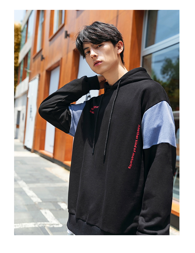 韩路休闲男装2019秋季新品ins宽松字母印花抽绳连帽帽衫长袖上衣男士