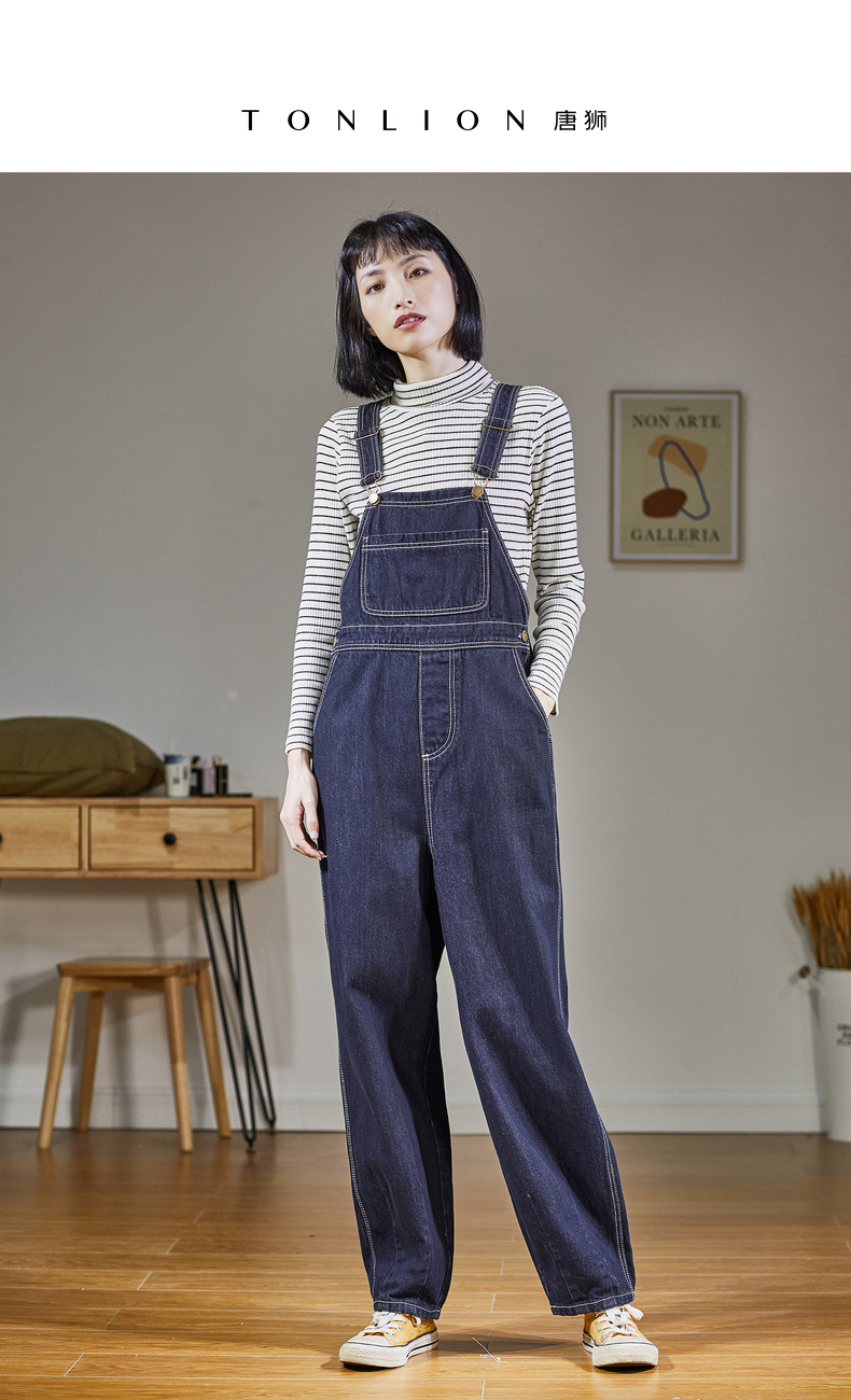 唐狮(tonlion)女士牛仔裤 唐狮2020秋季新款背带裤女牛仔裤直筒宽松阔