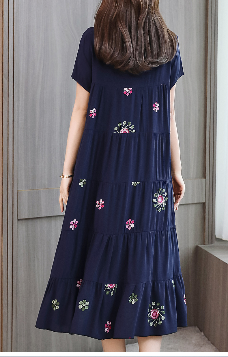 中老年女装夏季宽松大码短袖棉麻裙4050岁妈妈装遮肚过膝连衣裙