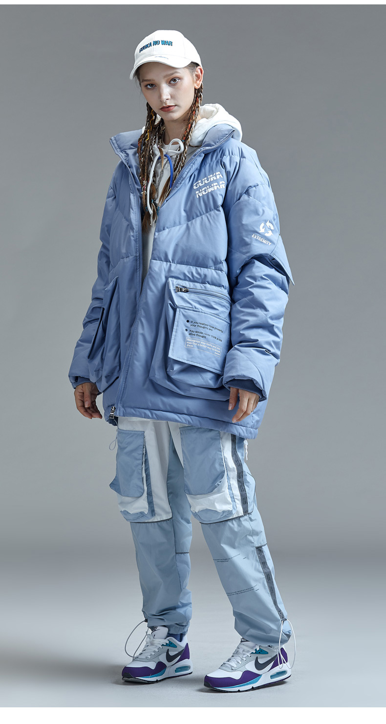 guuka潮牌蓝色羽绒服中长款嘻哈情侣印花多口袋工装羽绒外套宽松