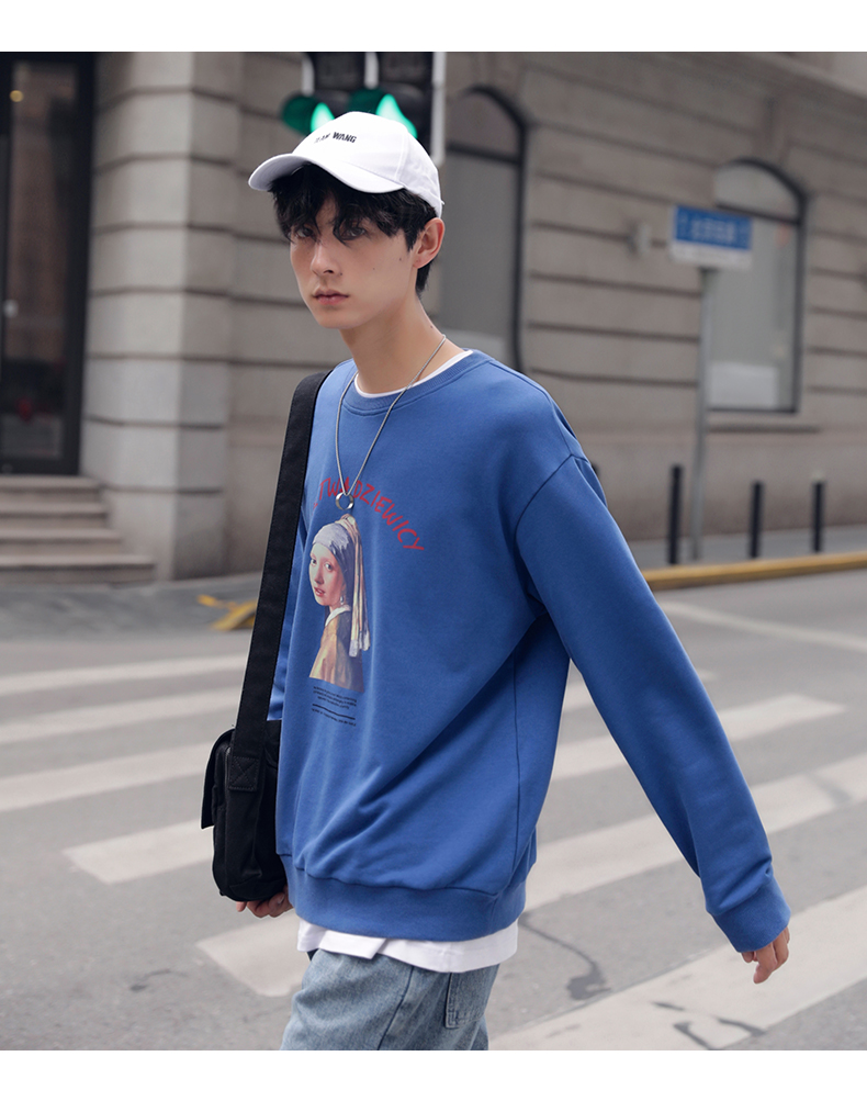 韩路男装卫衣2019秋季新款ins戴珍珠耳环的女孩印花休闲上衣