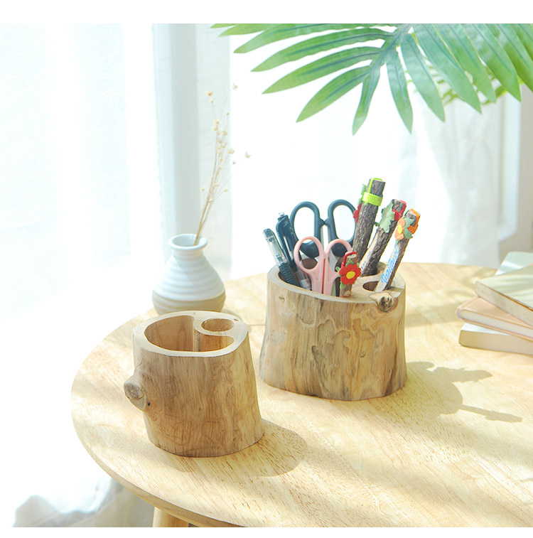 复古实木笔筒创意原木手工雕刻工艺品办公室房木质笔筒原木
