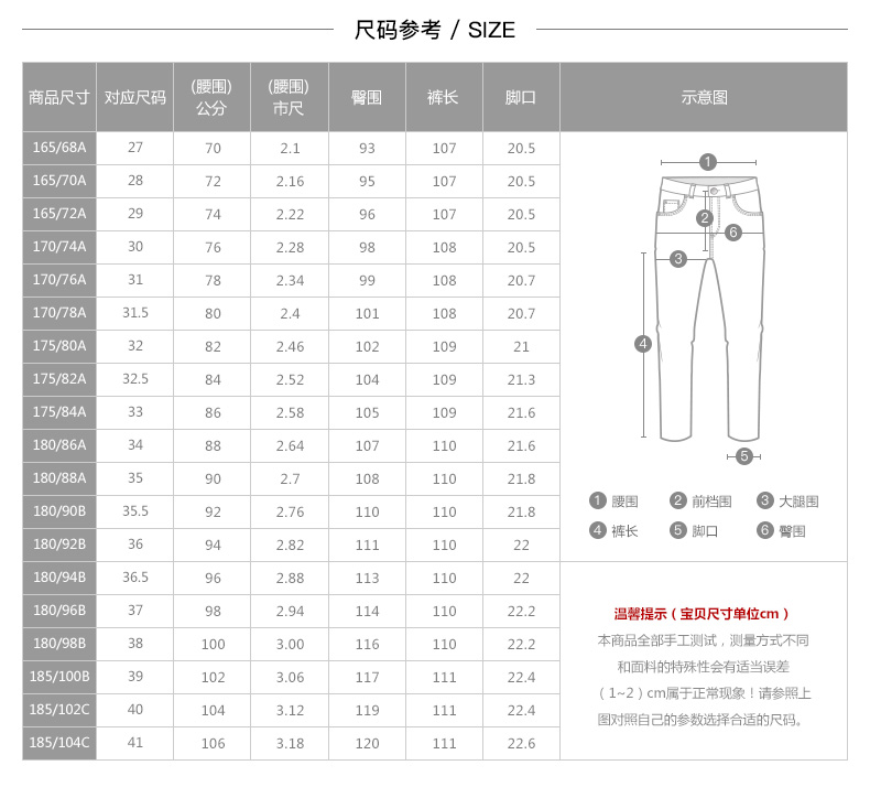 男士西裤尺码对照表图片