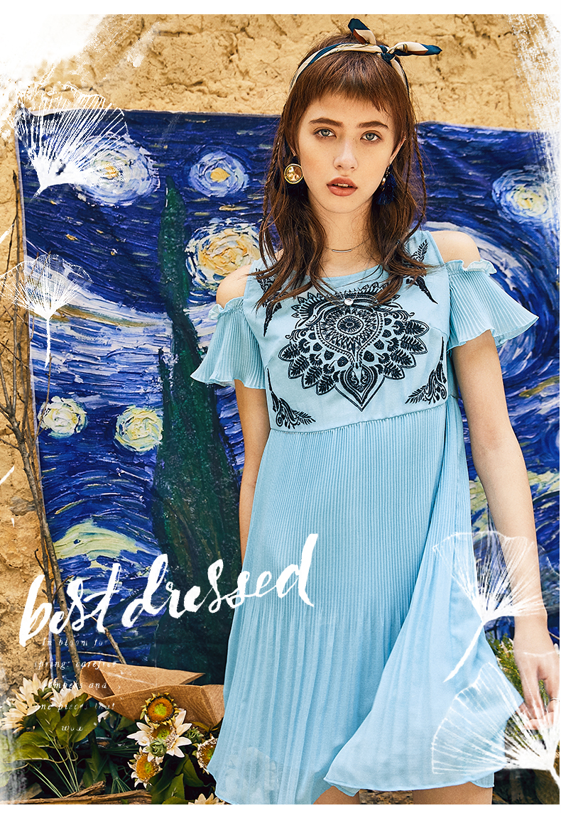 裂帛连衣裙春夏新款复古圆领刺绣喇叭袖雪纺裙气质显瘦长裙