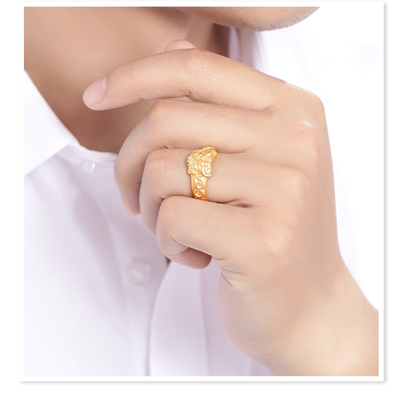 明牌珠宝传家金系列麒麟献瑞足金古法黄金戒指送礼男女afm0100工费300