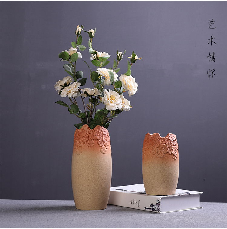 粗陶陶罐花瓶新中式花瓶复古花插干花花艺陶瓷摆件大号瓷插花器