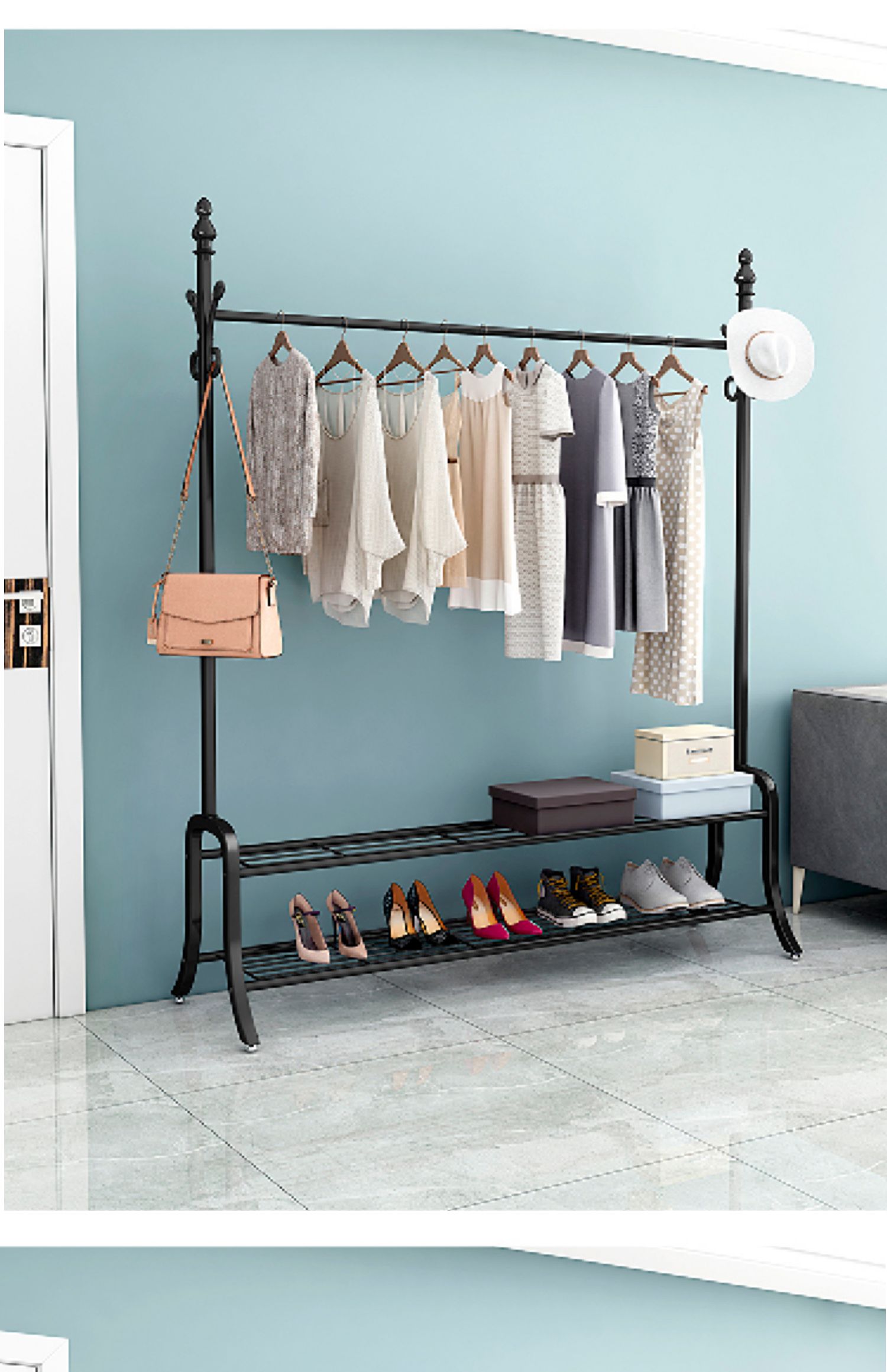 御蓝锦衣架落地卧室内单杆式凉衣架家用折叠多功能挂衣架简易晒晾衣架