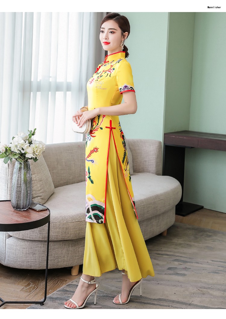 越南奥黛旗袍连衣裙2019新款夏季改良走秀旗袍演出服长款薄款预售定制