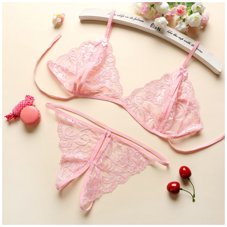 性感三点式丁字裤文胸套装情趣开叉小胸蕾丝网纱女生开档内衣内裤卓