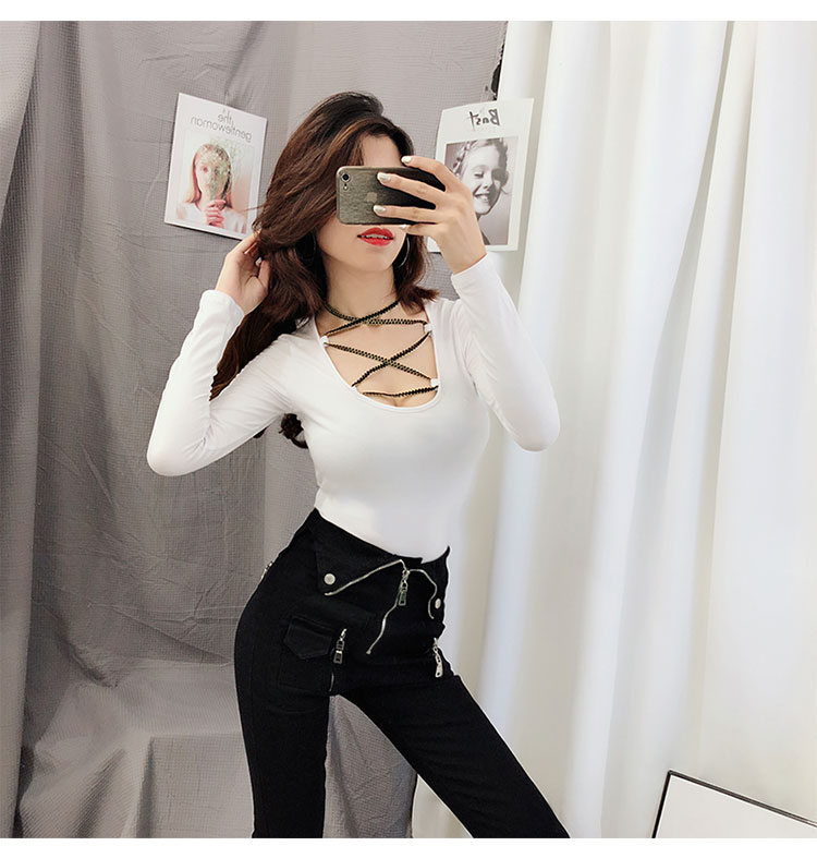 锐倪性感低胸绑带小心机露脐上衣女春新款纯色修身百搭打底衫长袖t恤