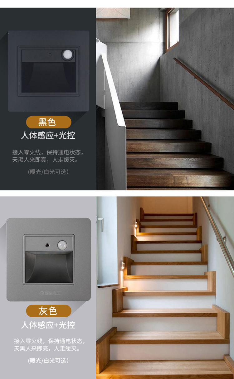 led地脚灯86型小夜灯酒店人体感应过道楼梯踏步灯嵌入式白光金面板