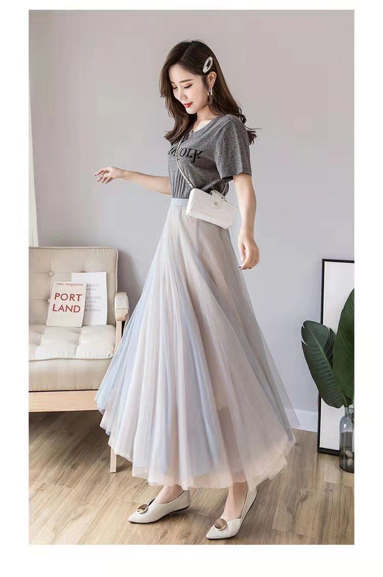 网纱半身裙2021女夏季新款高腰修身显瘦中长款ins超火学院蓬蓬裙蓝