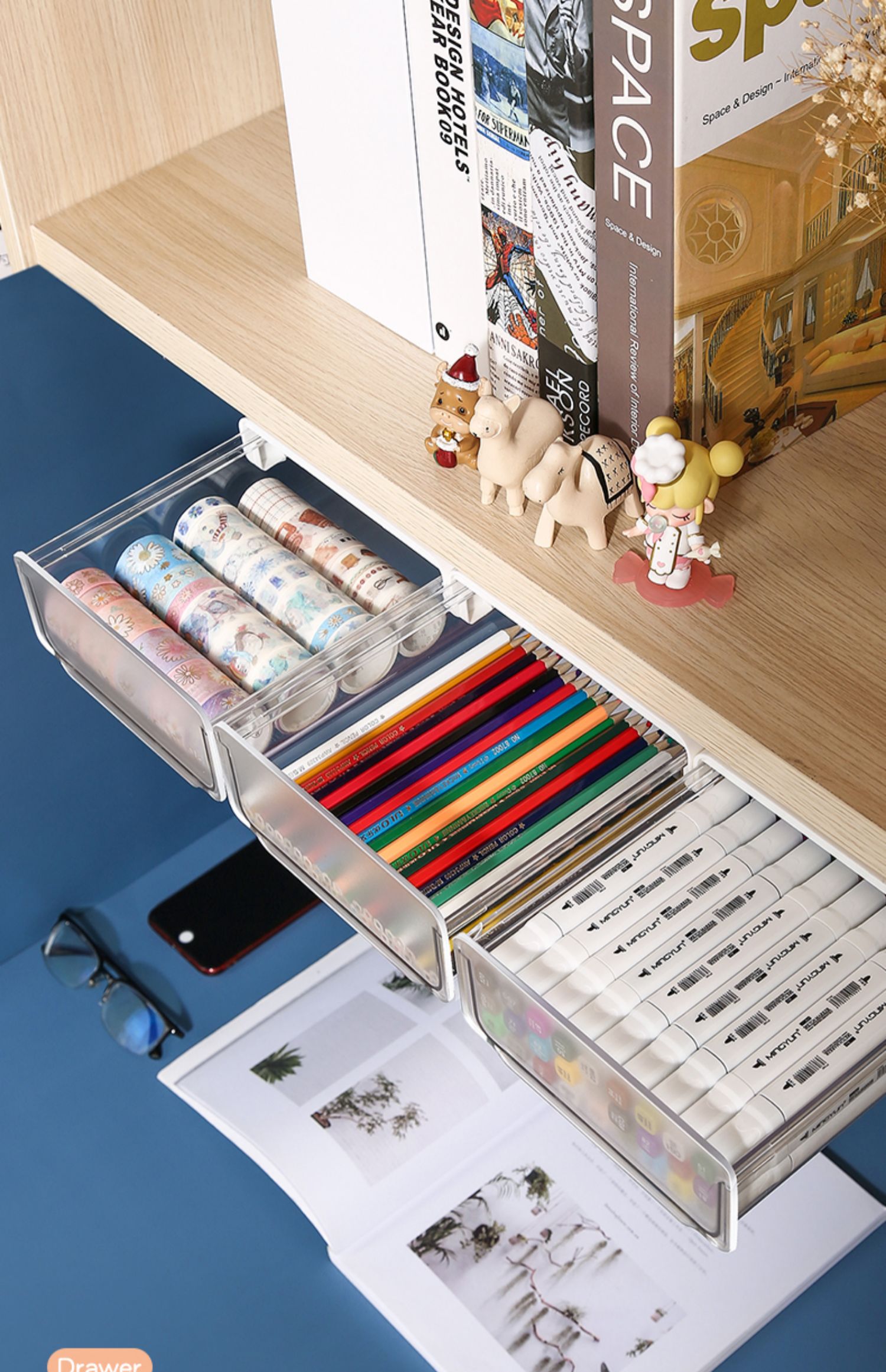 喻娄桌下抽屉文具收纳盒学生宿舍简约笔筒办公室桌面北欧大容量的笔桶