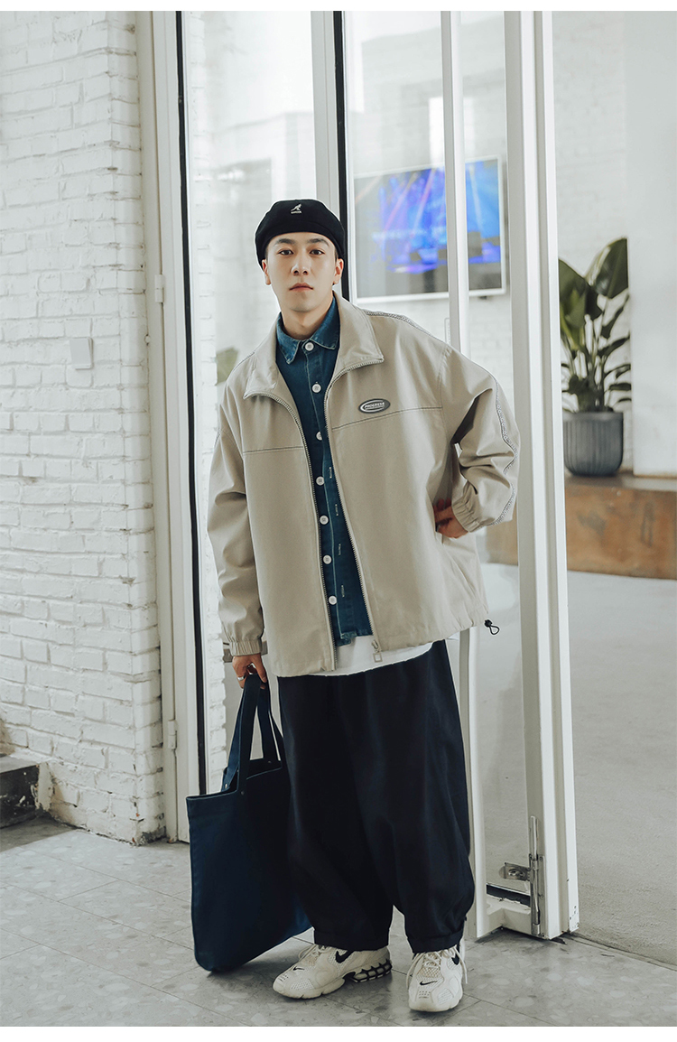 yuansu春秋拼接立领宽松夹克男潮牌衣服日系休闲青年帅气外套夹克