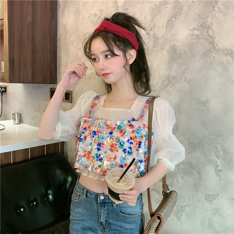 2020夏装新款网红泫雅风朵印亮片网纱衬衫心机两件套上女