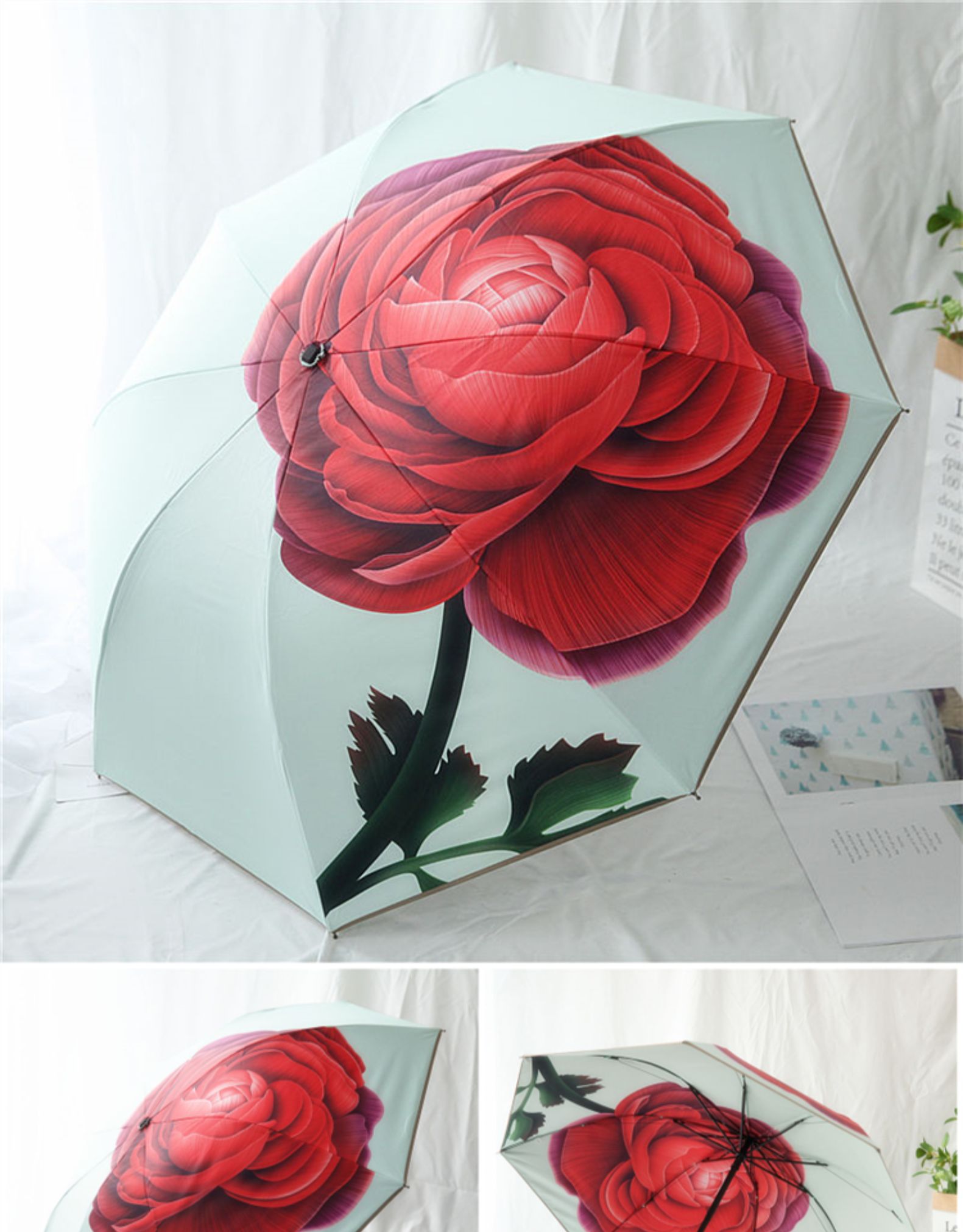 晴雨伞女 红色玫瑰花数码印花双层遮阳伞黑胶三折叠复古洋伞