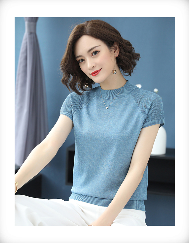 旗舰店2020夏季装新款t恤女短袖修身显瘦冰丝桑蚕丝镂空针织衫薄款