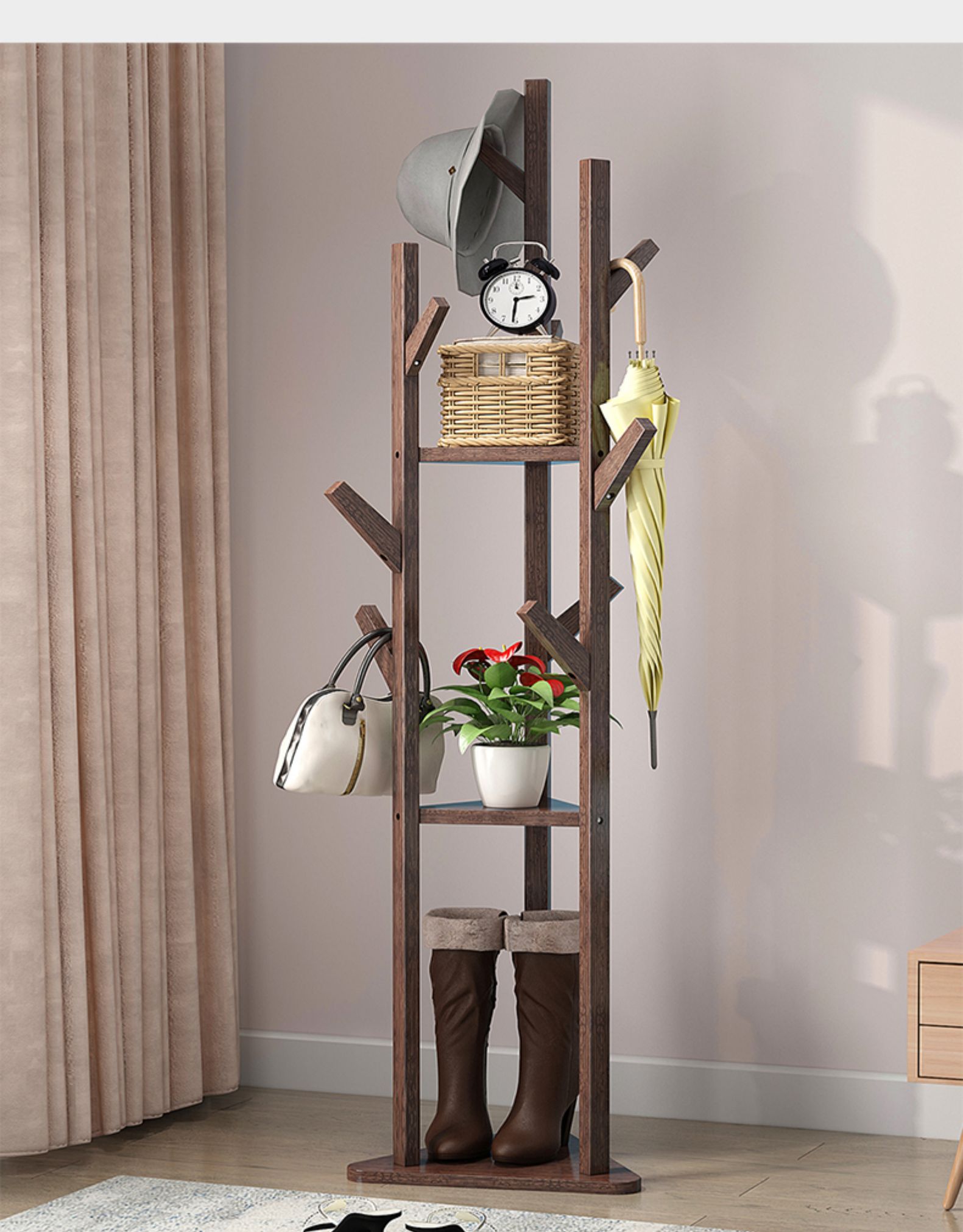 三维工匠简易衣帽架实木落地式简约现代卧室挂衣架房间置物架衣服架子